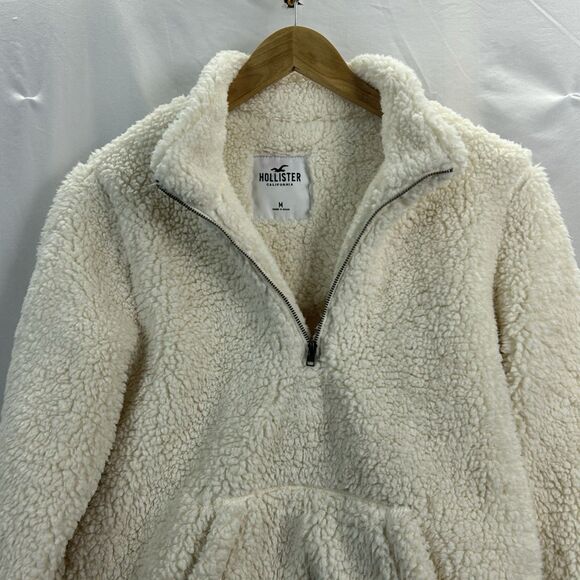 Hollister Cream Medium Sherpa Half Zip Cropped Pullover Fleece Sweater Warm Cozy - Picture 4 of 6